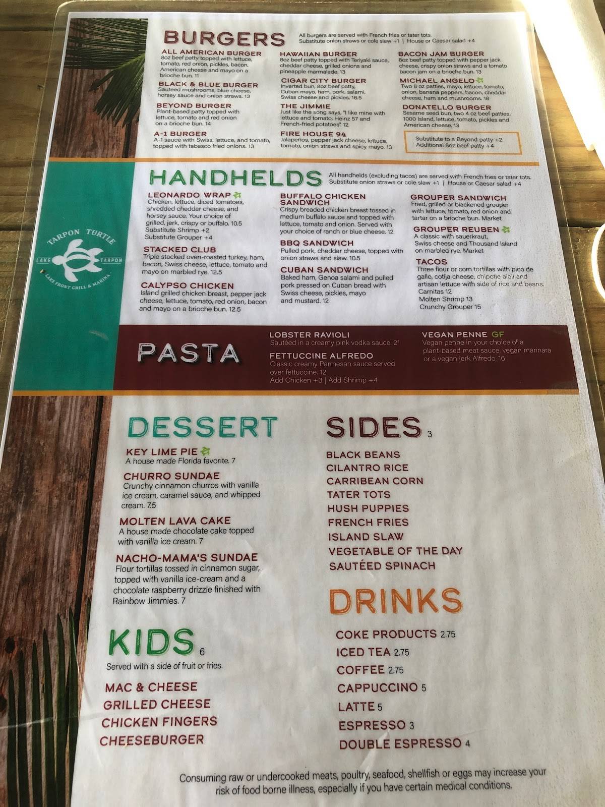 Menu at Tarpon Turtle Waterfront Grill restaurant, Tarpon Springs
