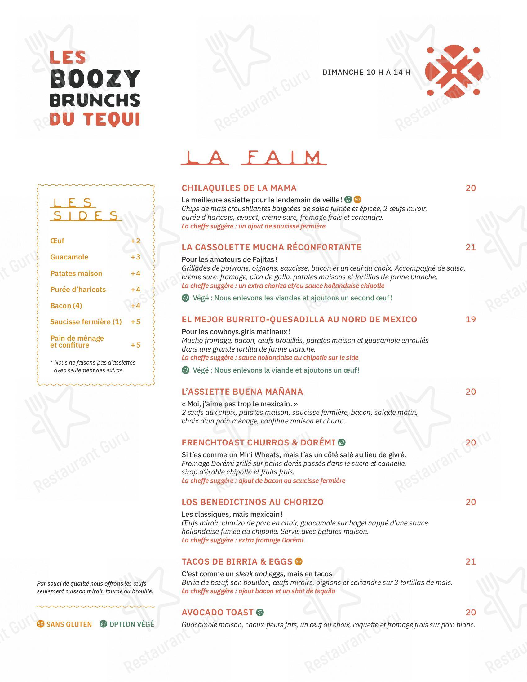 Menu au Tequila Lounge restaurant, Québec