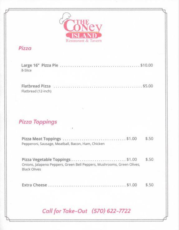 Menu at The Coney Island restaurant, Pottsville, W Market St