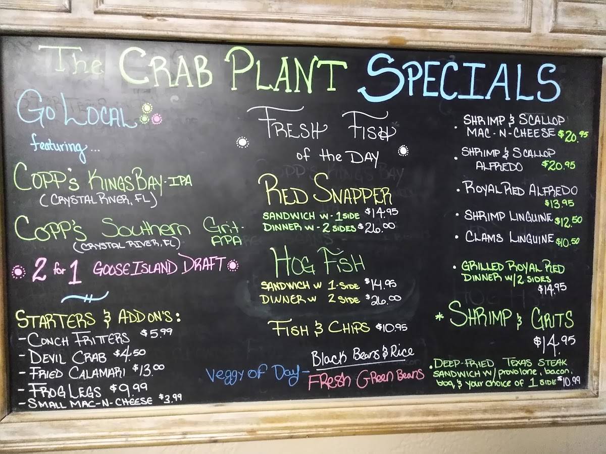 Menu at The Crab Plant restaurant, Crystal River