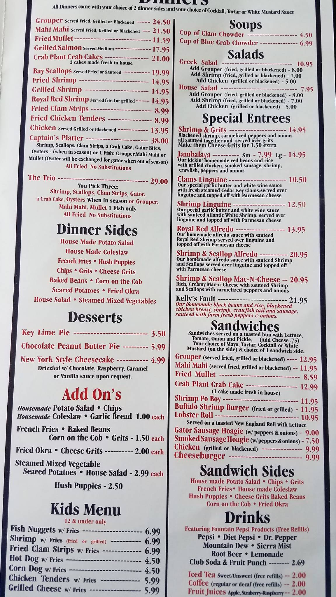 Menu at The Crab Plant restaurant, Crystal River