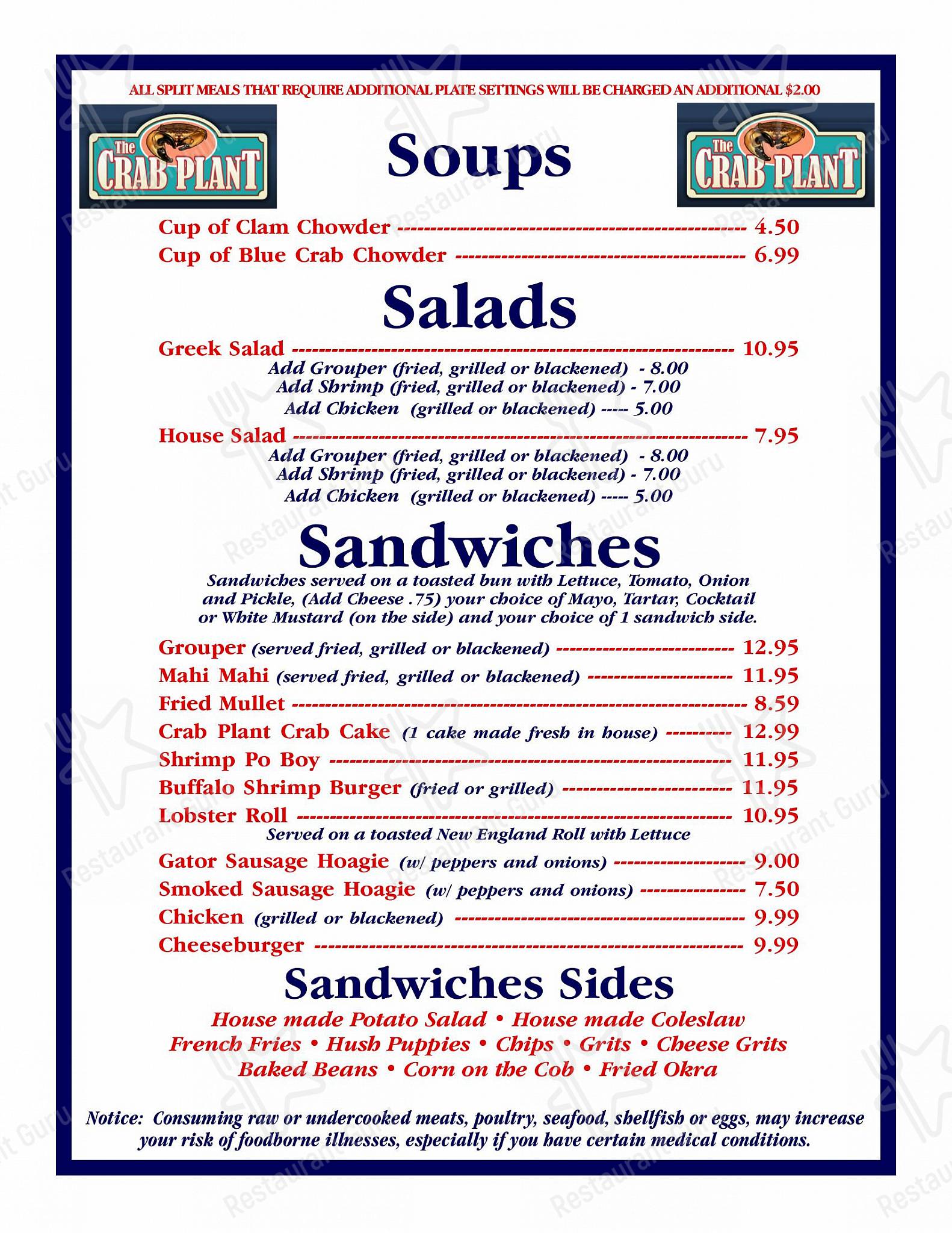 Menu at The Crab Plant restaurant, Crystal River
