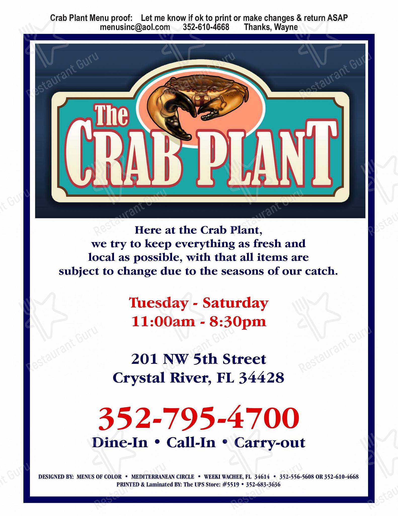 Menu at The Crab Plant restaurant, Crystal River