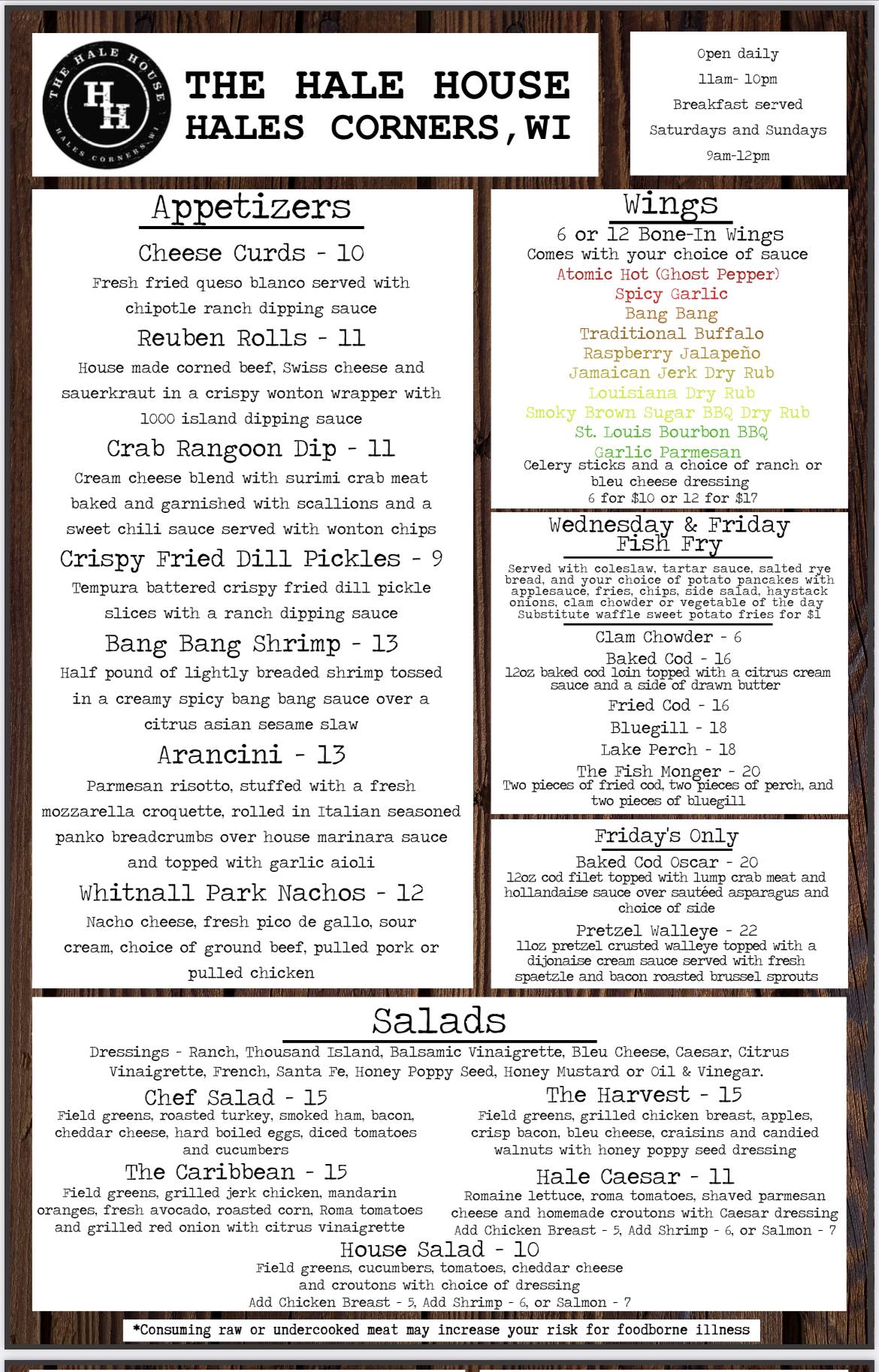 Menu at The Hale House pub & bar, Hales Corners