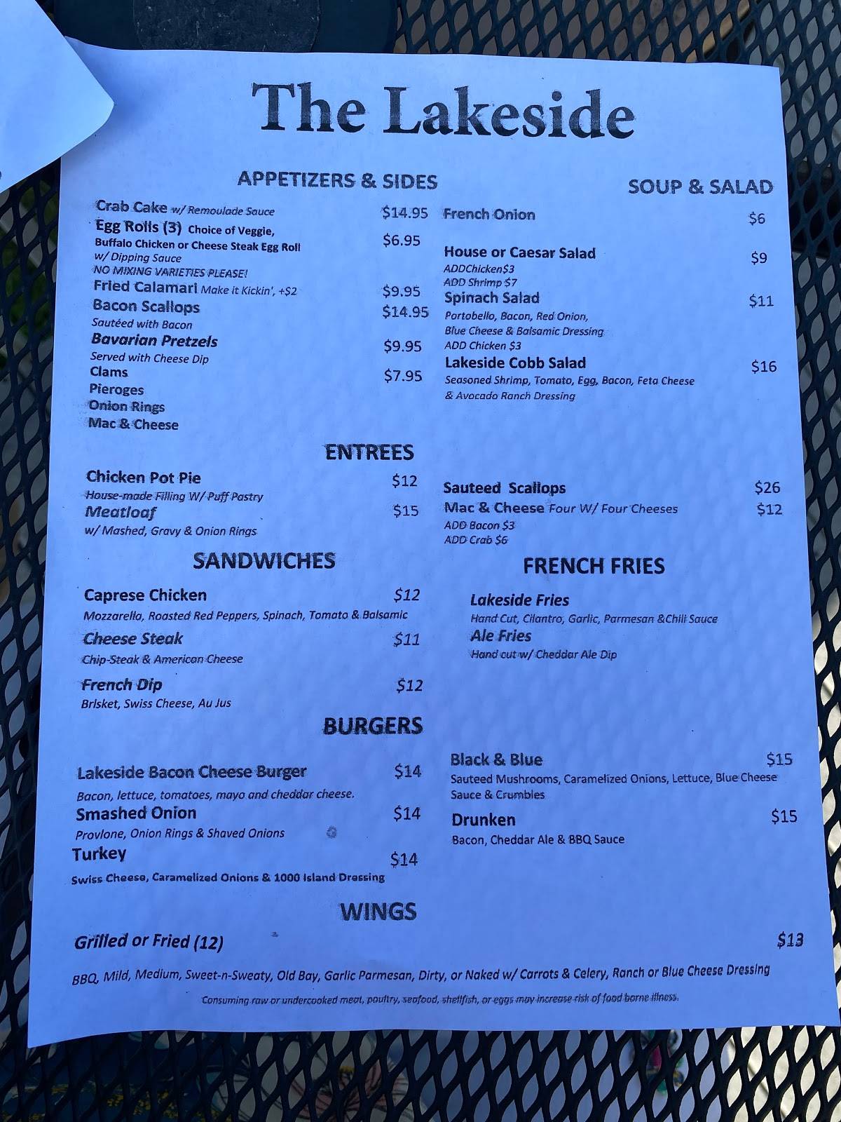 Menu at The Lakeside restaurant, Saylorsburg