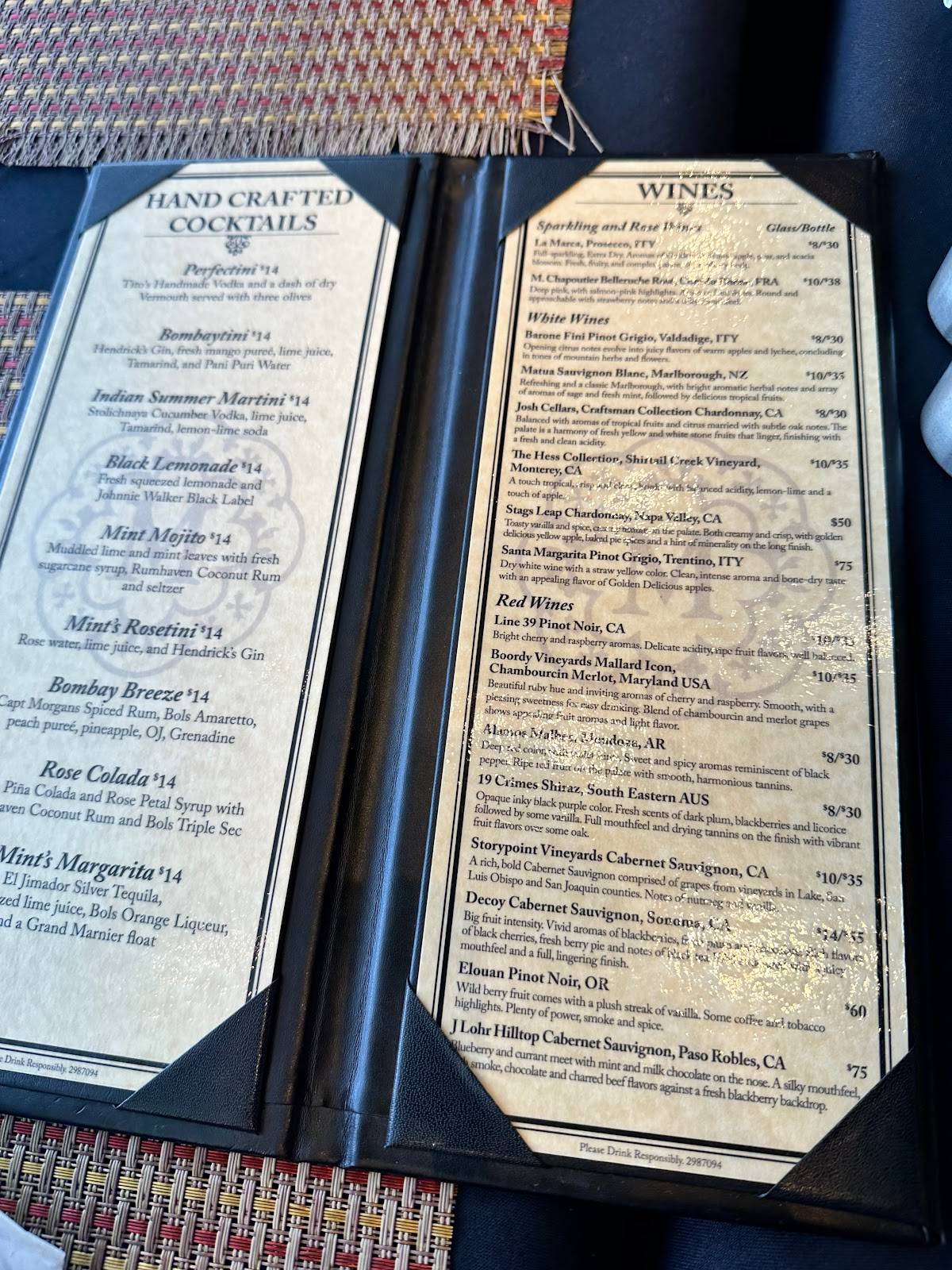 Menu at The Mint Room restaurant, Ellicott City
