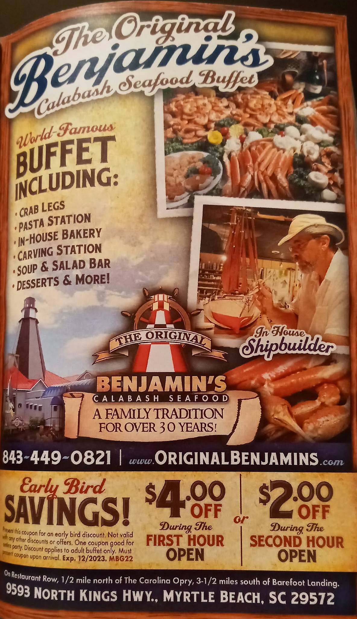 Menu at The Original Benjamin's Calabash Seafood restaurant, Myrtle