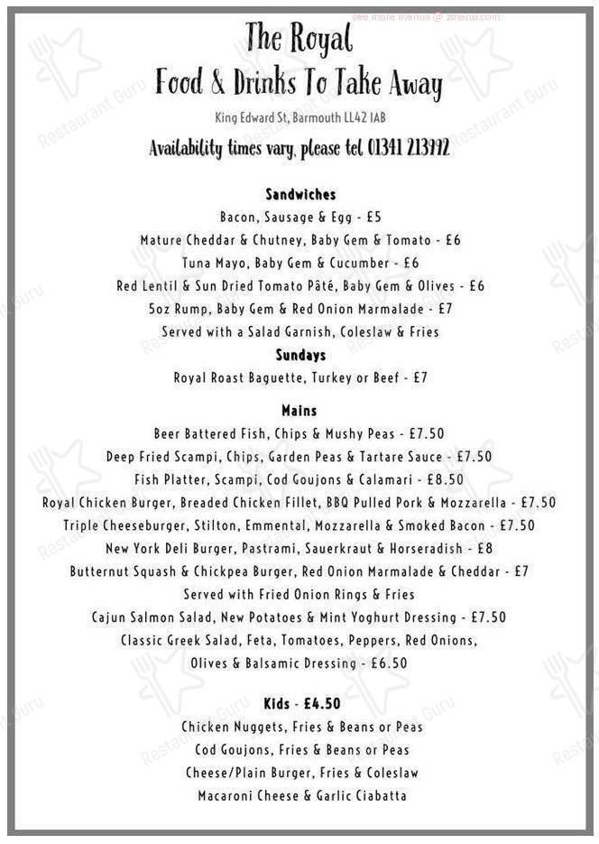 Menu at The Royal pub & bar, Barmouth