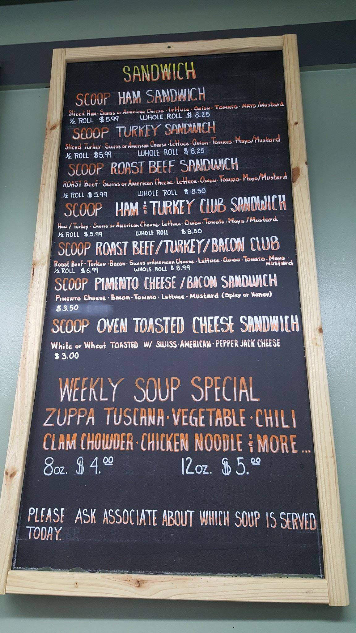 Menu at The Scoop restaurant, Wilmington