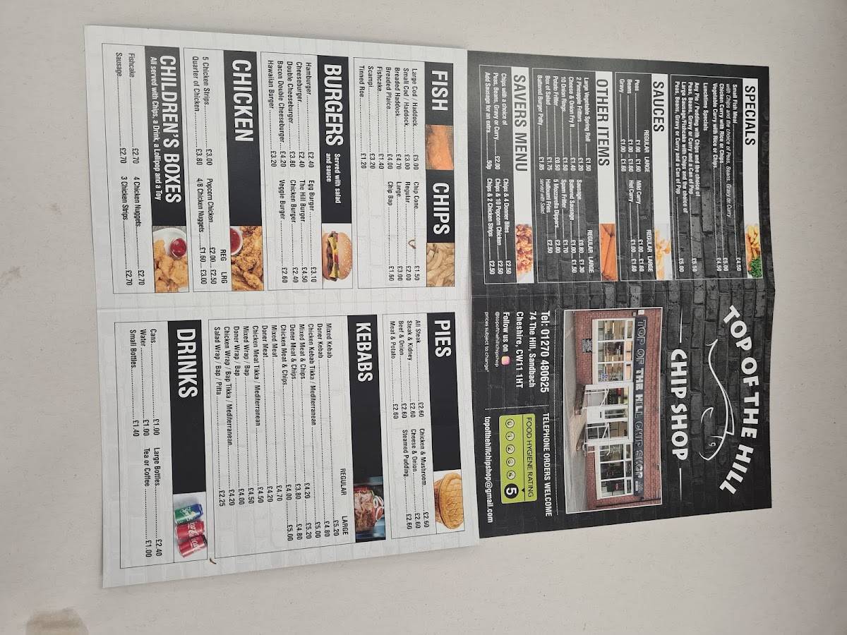 Menu at Top Of The Hill Chip Shop fast food, Sandbach