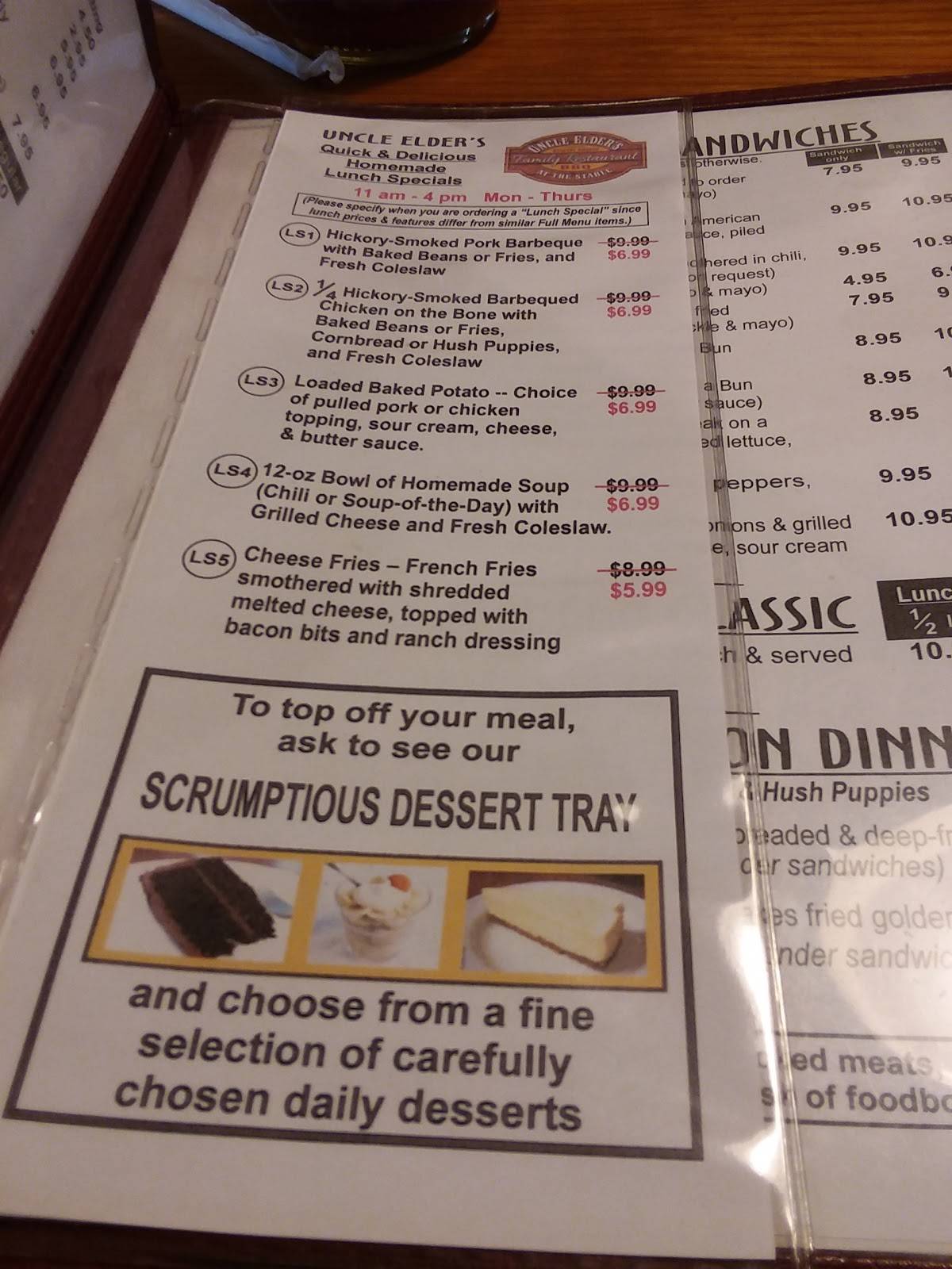Menu at Uncle Elders Family Restaurant BBQ, Culpeper