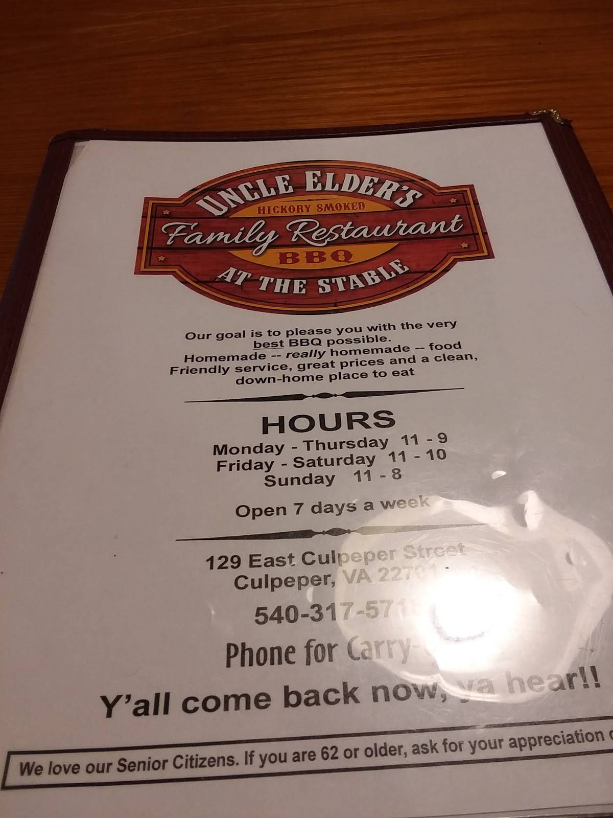 Menu at Uncle Elders Family Restaurant BBQ, Culpeper