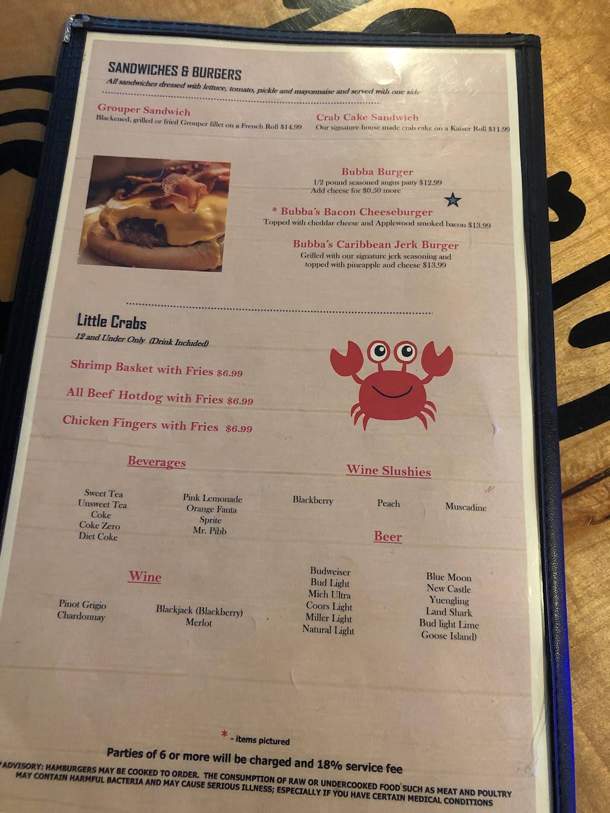 Menu at Bubba Jax Crab Shack restaurant, Valdosta
