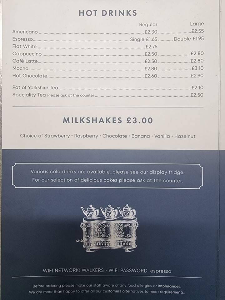 Menu at Walkers Of Bar Street, Scarborough