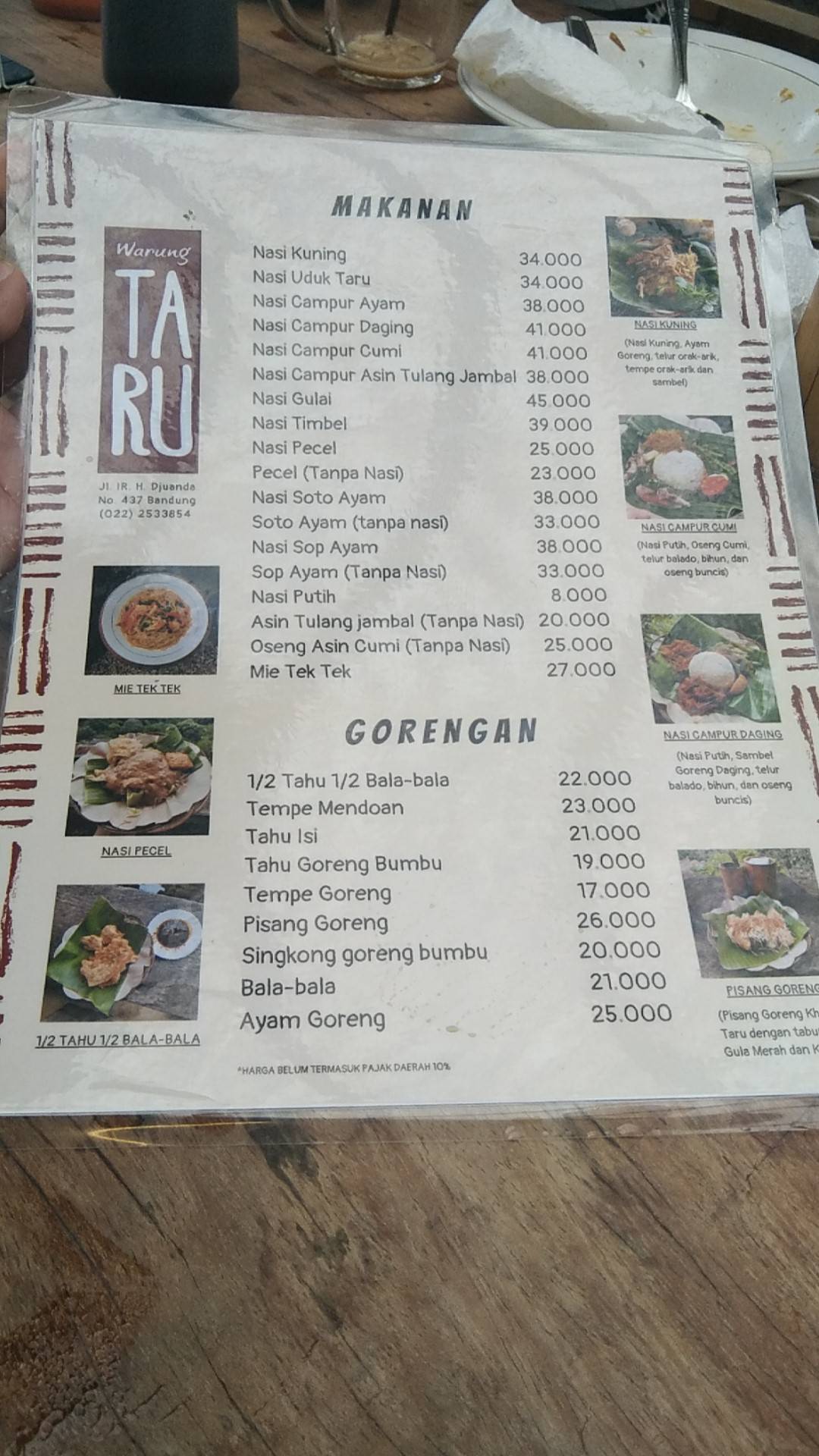 Menu at Warung Taru restaurant, Bandung