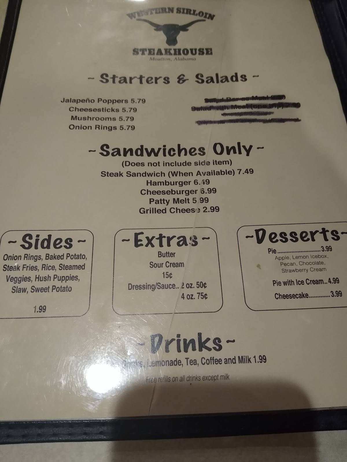 Menu at Western Sirloin Steakhouse, Moulton, AL157