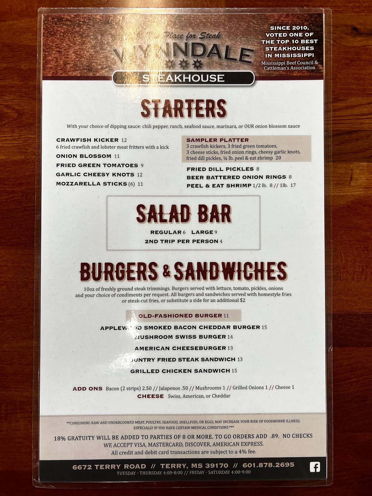 Menu at Wynndale SteakhouseRestaurant, Terry