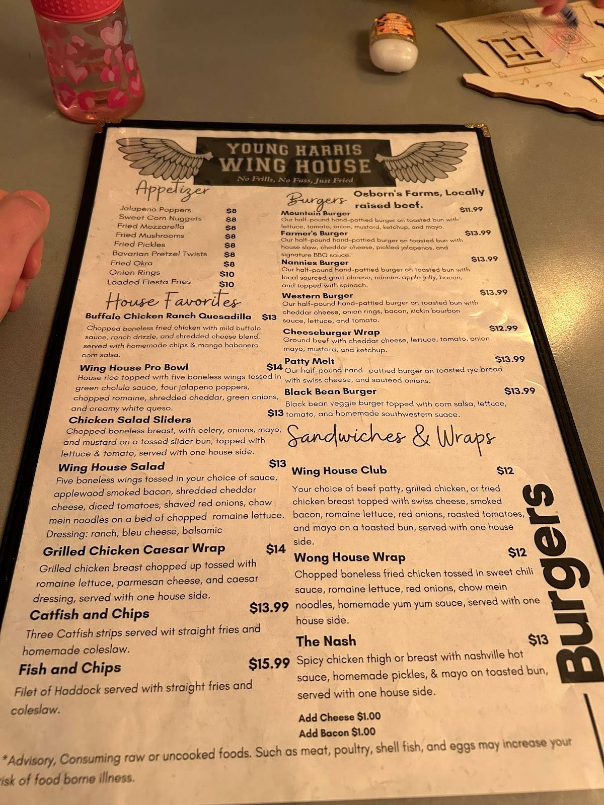 Menu at Young Harris Wing House restaurant, Young Harris