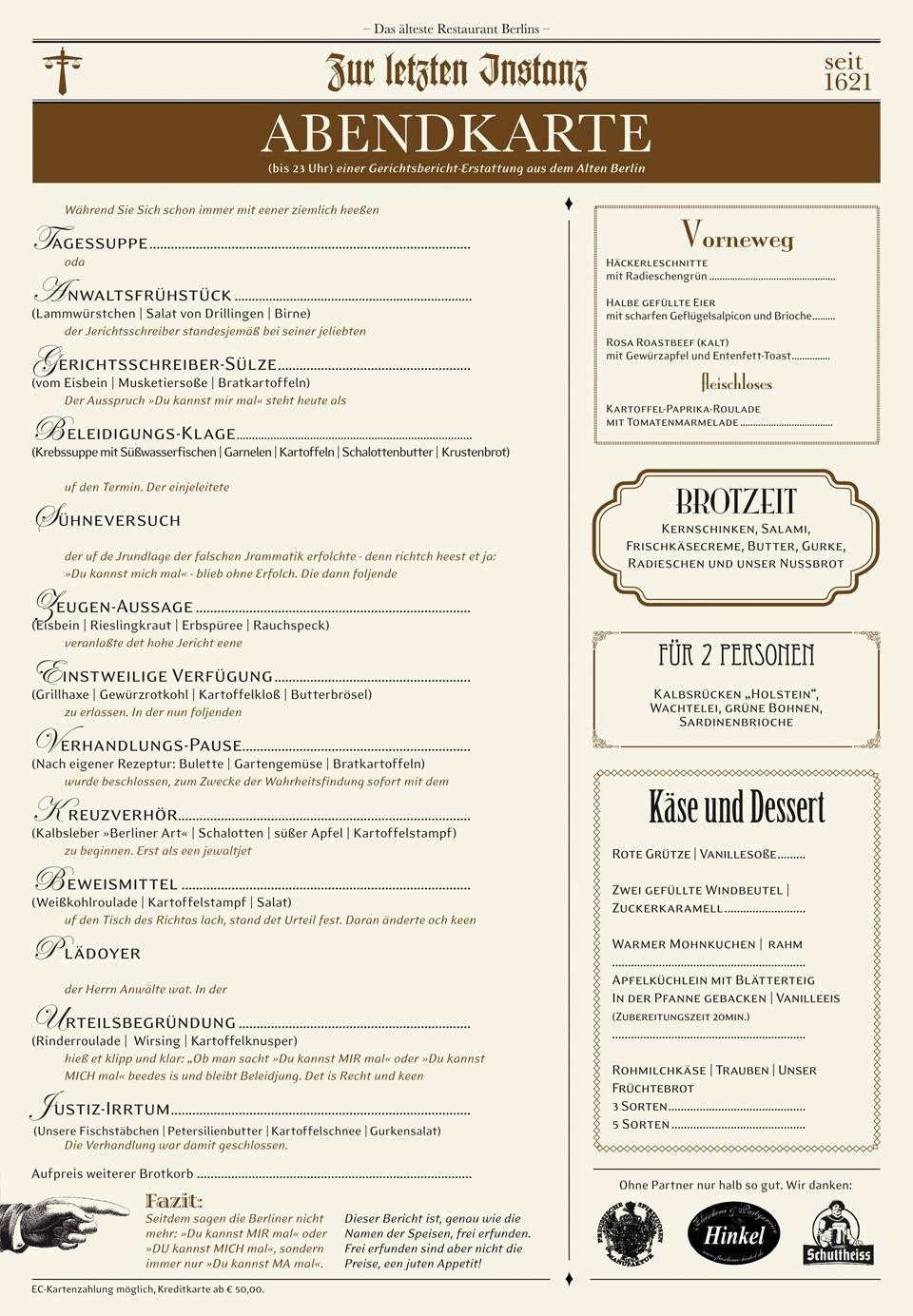 Menu au Zur letzten Instanz restaurant, Berlin