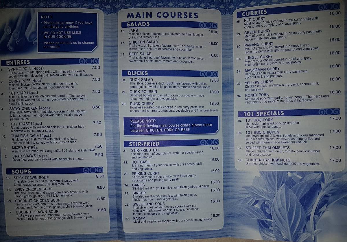 Menu at 101 Thai House restaurant, Forster