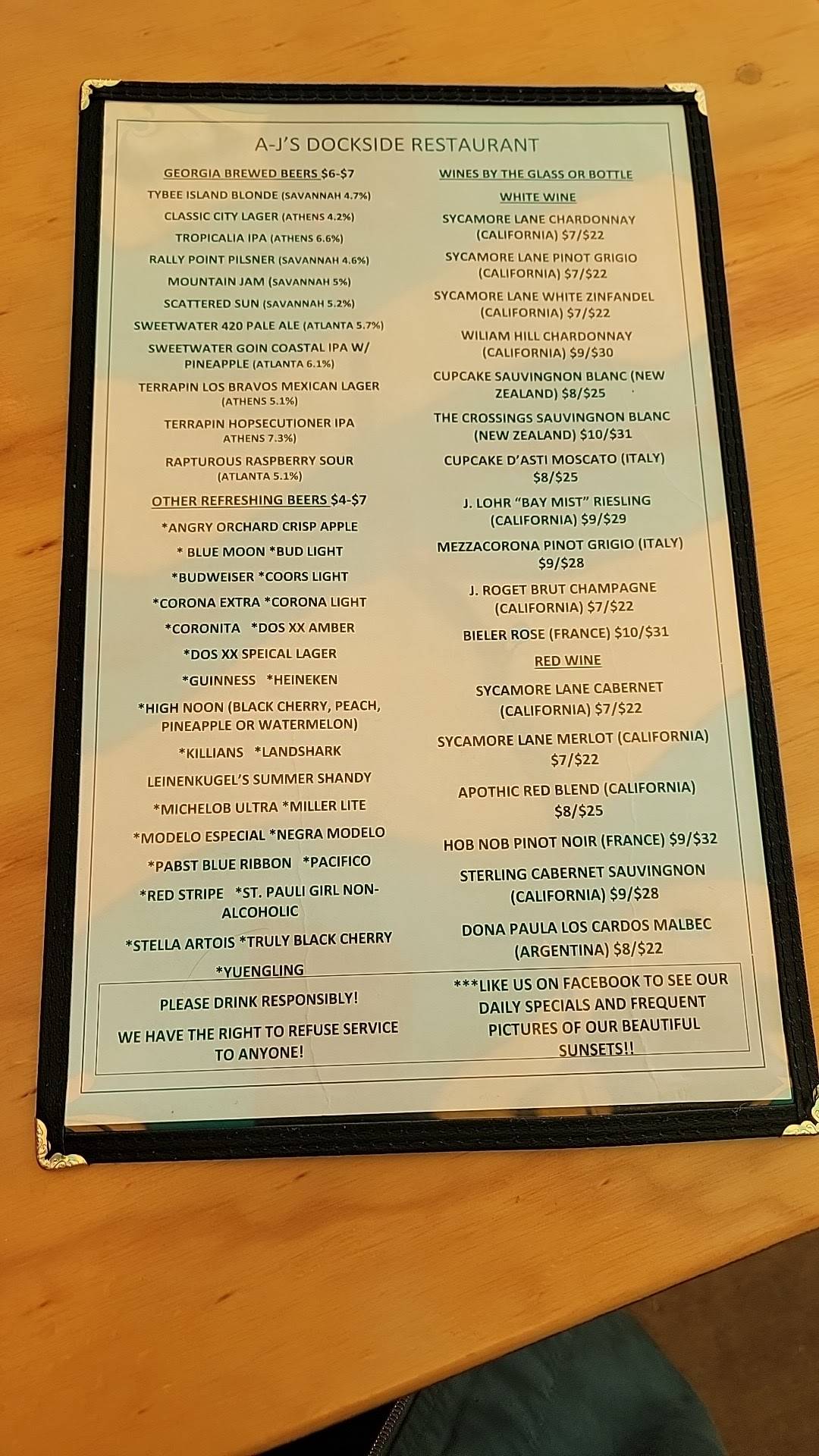 Menu at A-J's Dockside Restaurant, Tybee Island