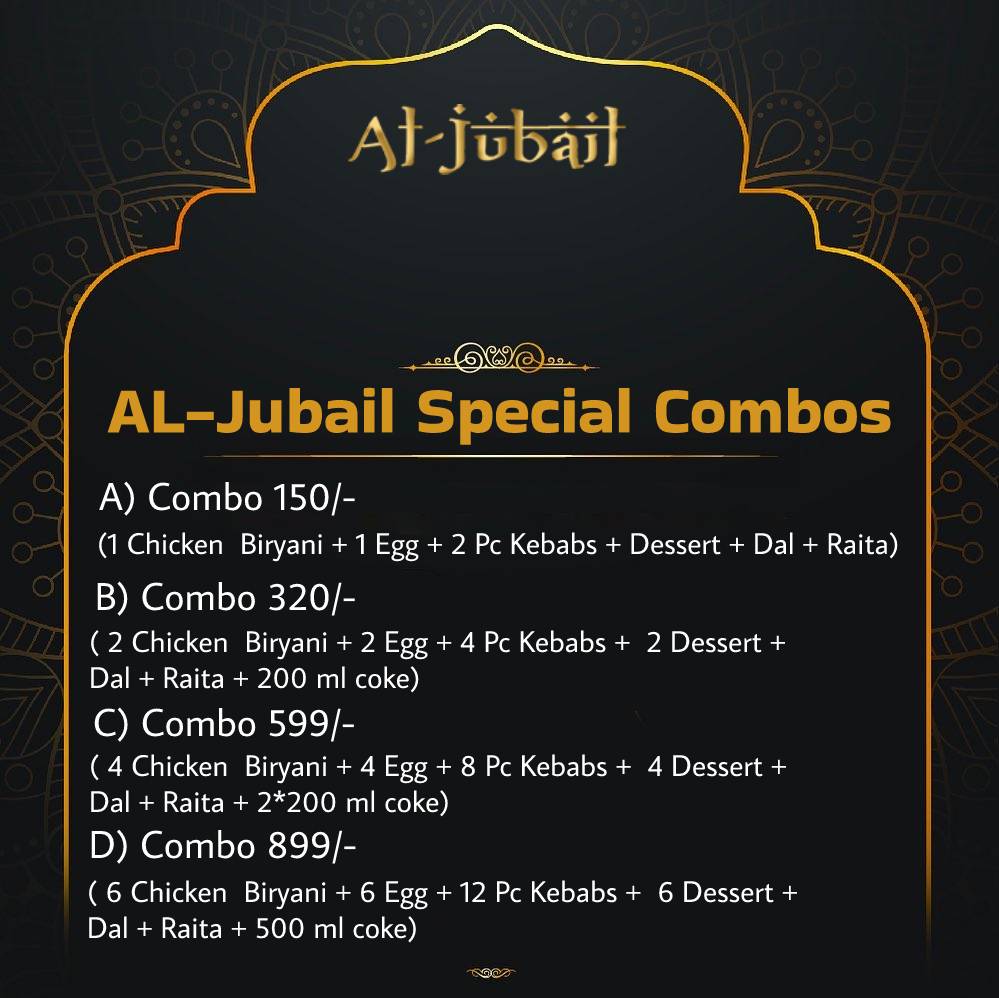 Menu at AL Jubail, Mysuru