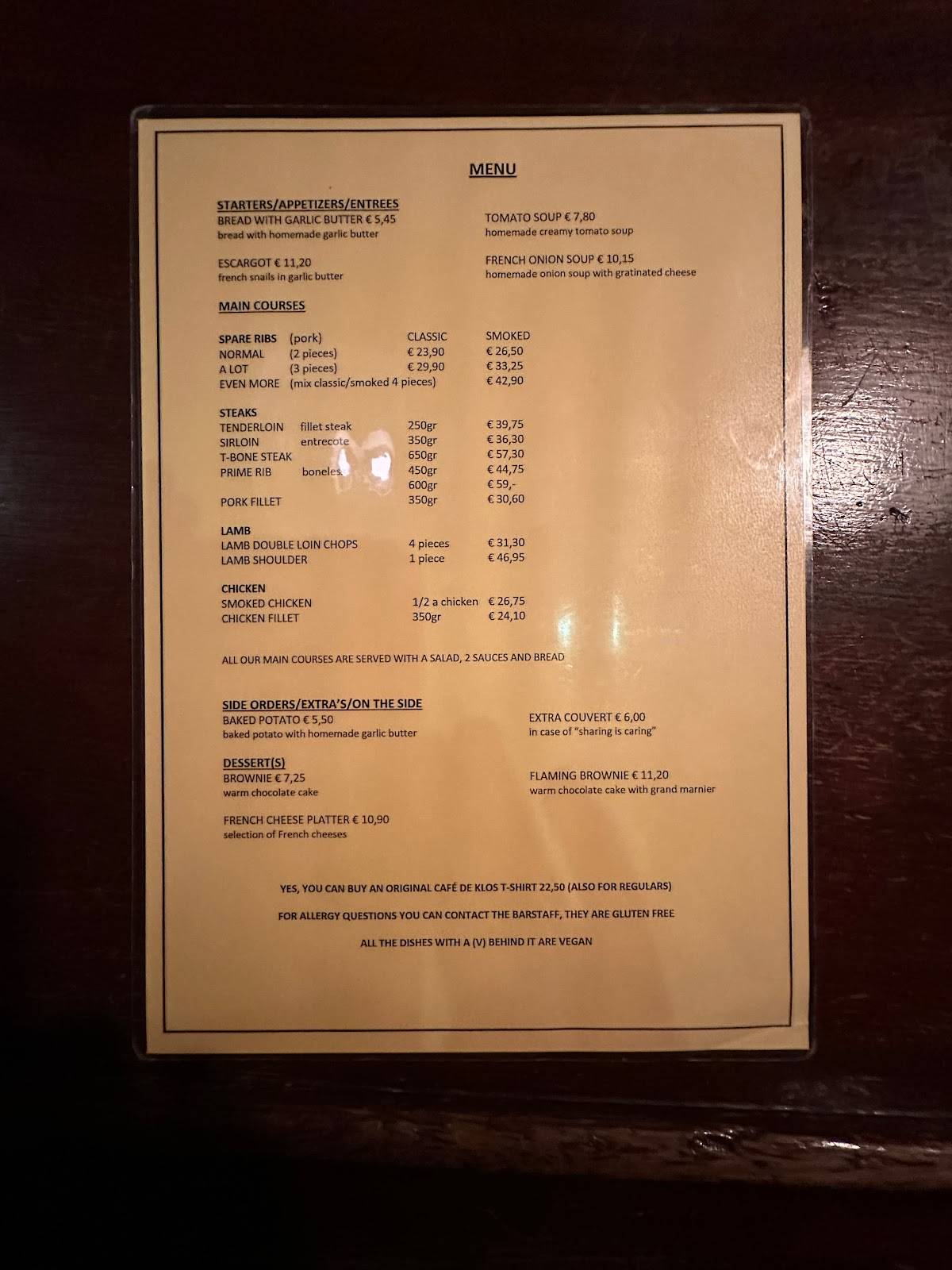 Menu at Cafe De Klos, Amsterdam