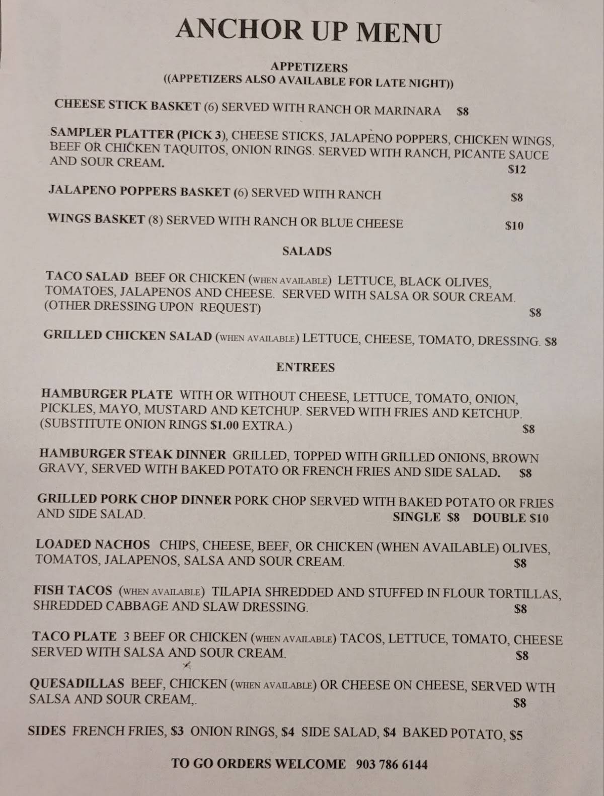 Menu at Anchor Up Club & Grill, Pottsboro