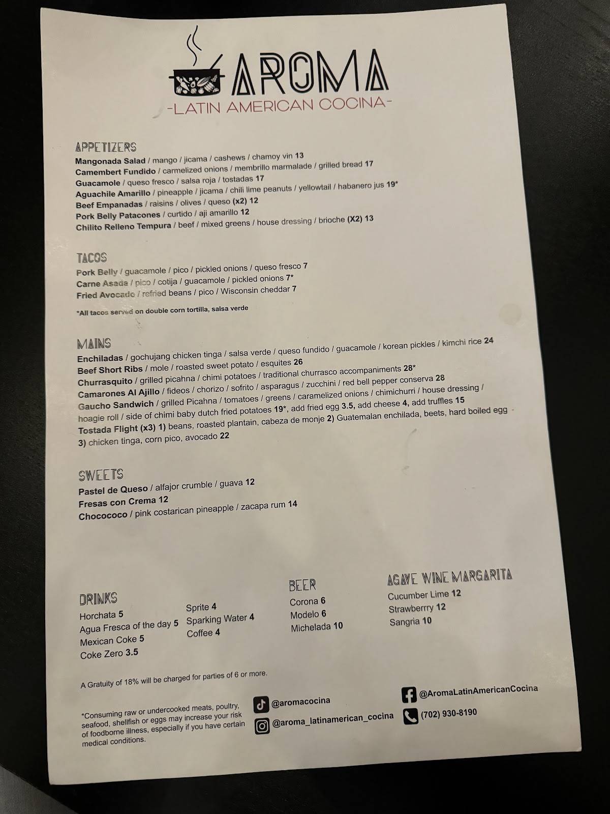 Menu at Aroma Latin American Cocina restaurant, Henderson