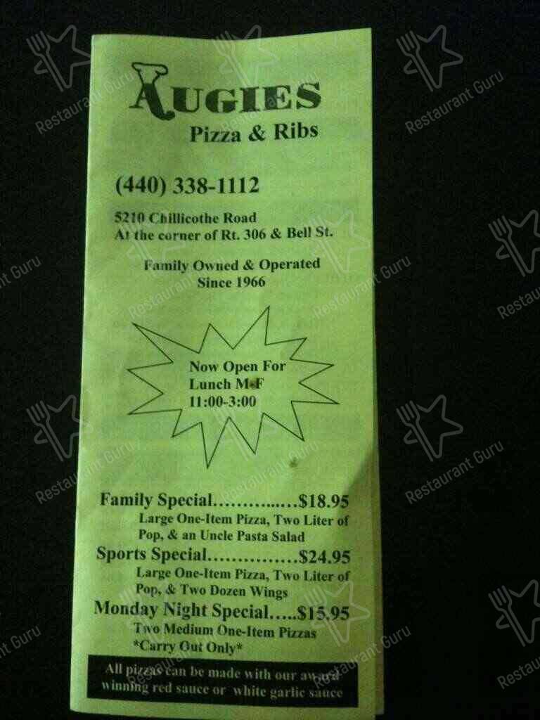 Menu at Augie's Pizza & Ribs pizzeria, South Russell