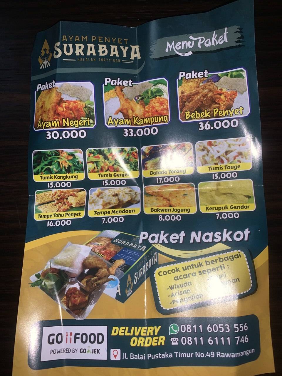 Menu at Ayam Penyet Surabaya restaurant, East Jakarta, Jl. Balai ...