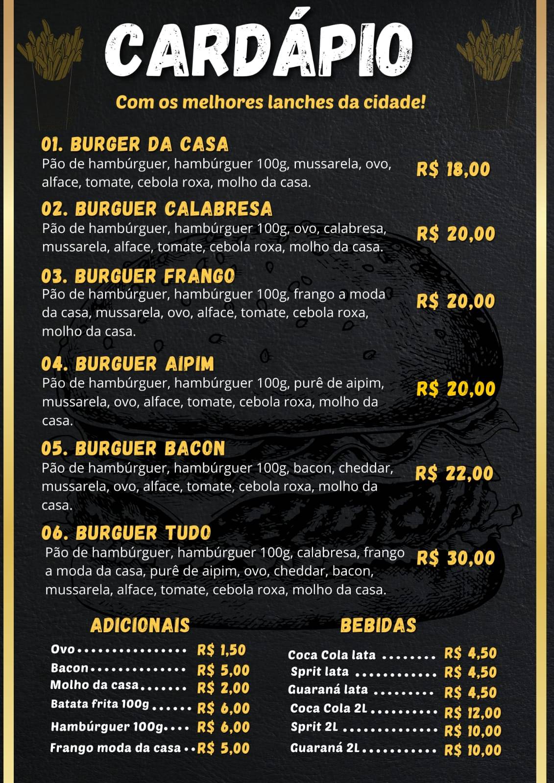 Menu em BW Hambúrguer restaurante Barra Velha