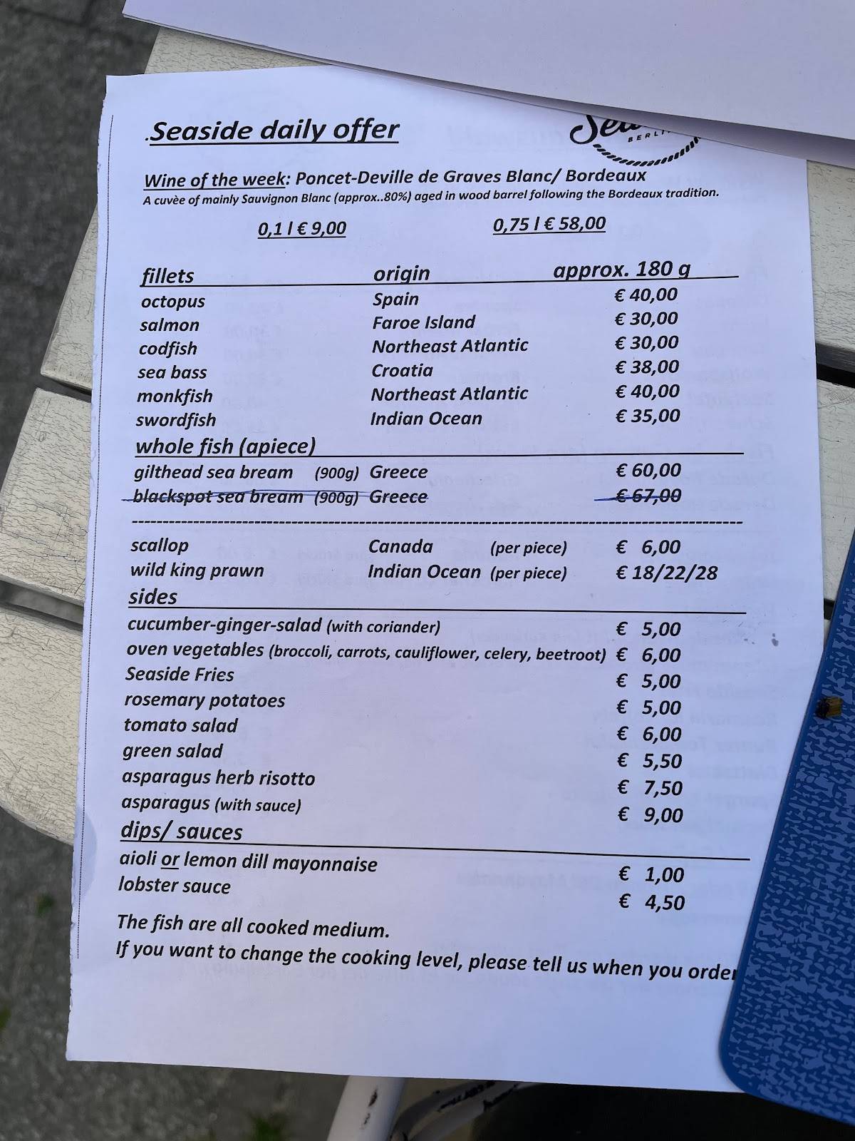 Speisekarte von Seaside Fish & Seafood Bar, Berlin