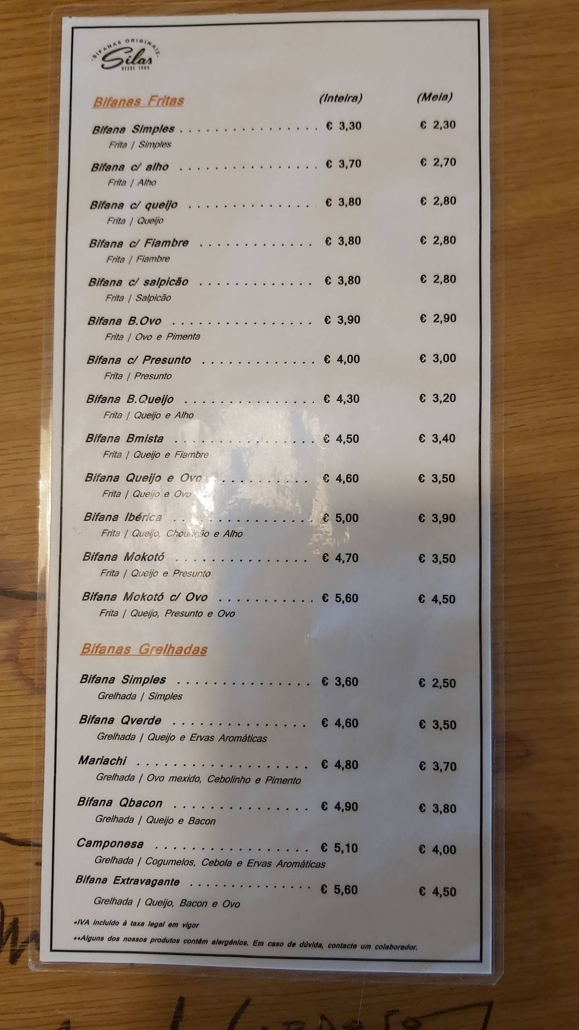 Menu em Bifanas Originais Silas restaurante, Muge