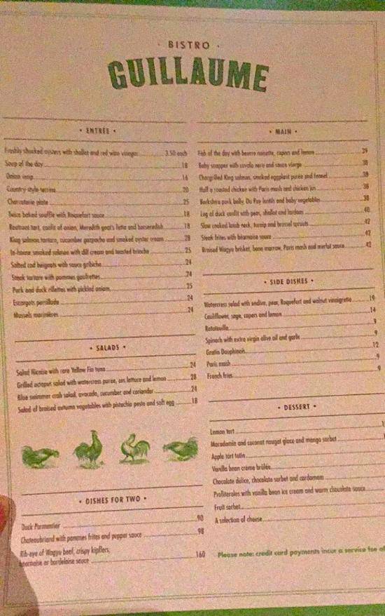 Menu at Bistro Guillaume restaurant, Southbank, 8
