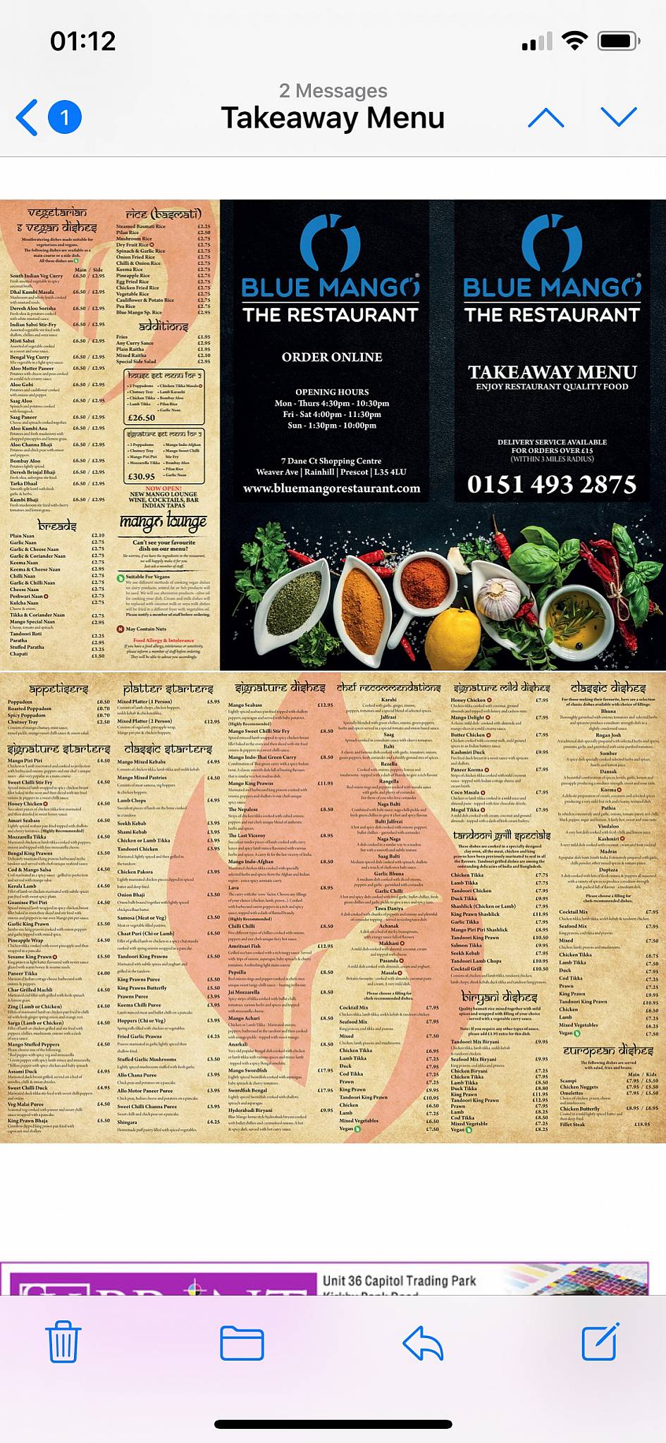 Menu at Blue Mango Restaurant, Prescot