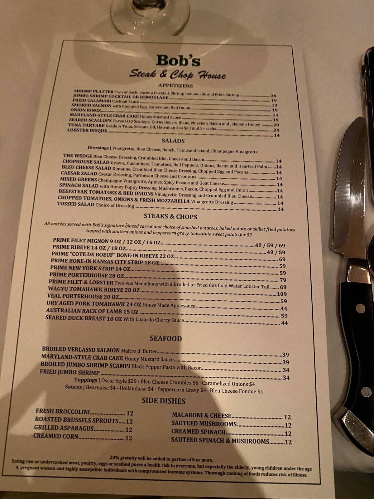 Menu at Bob's Steak & Chop House steakhouse, San Antonio