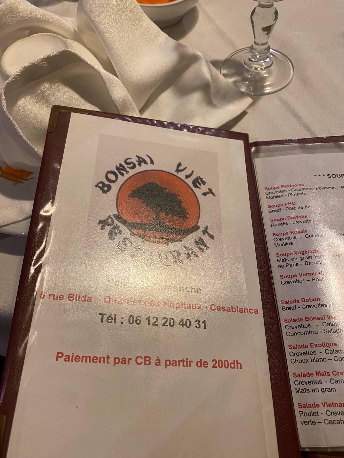Menu au Bonsai restaurant, Casablanca