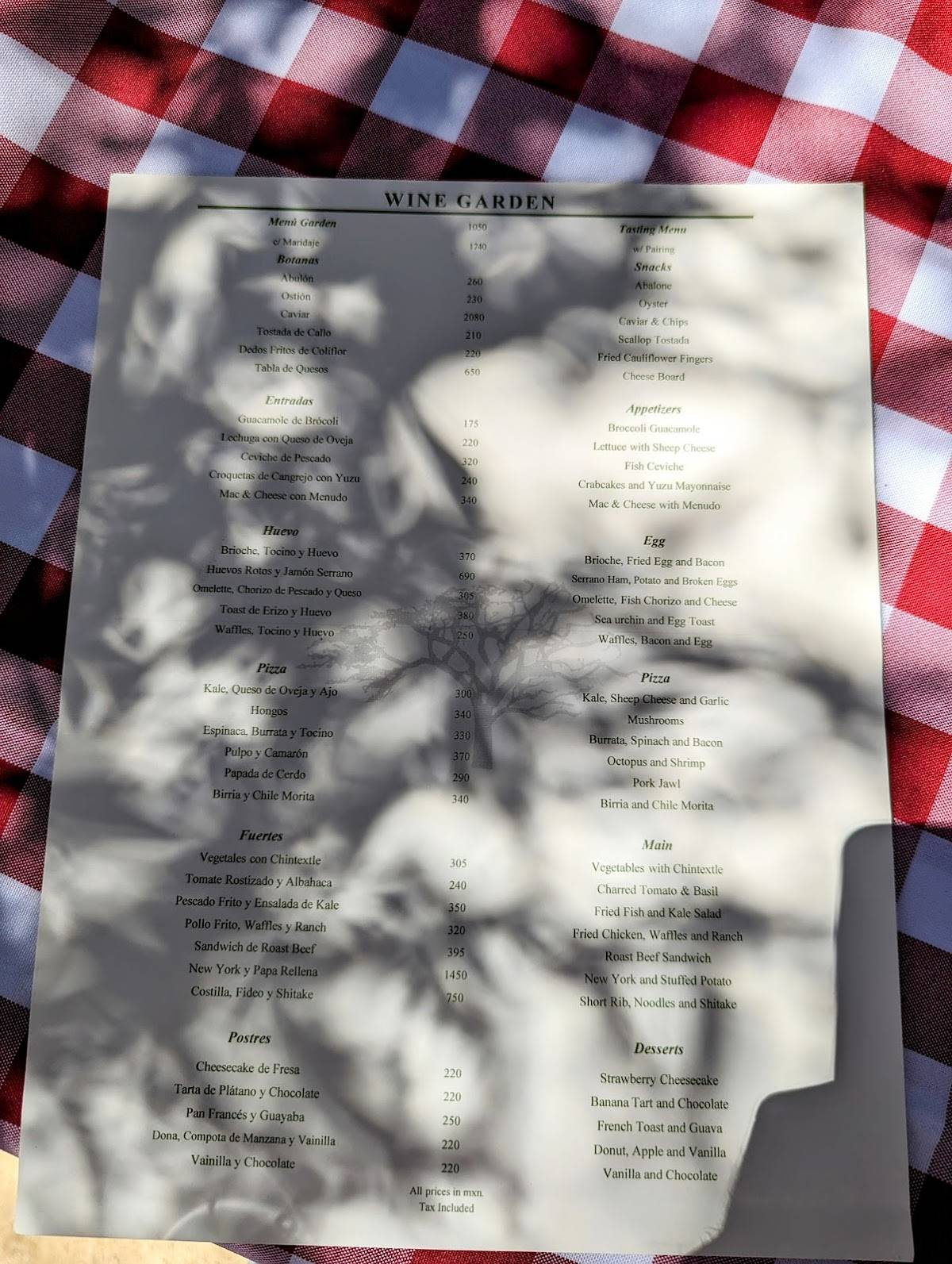 Menu at Bruma Wine Garden restaurant, Mexico