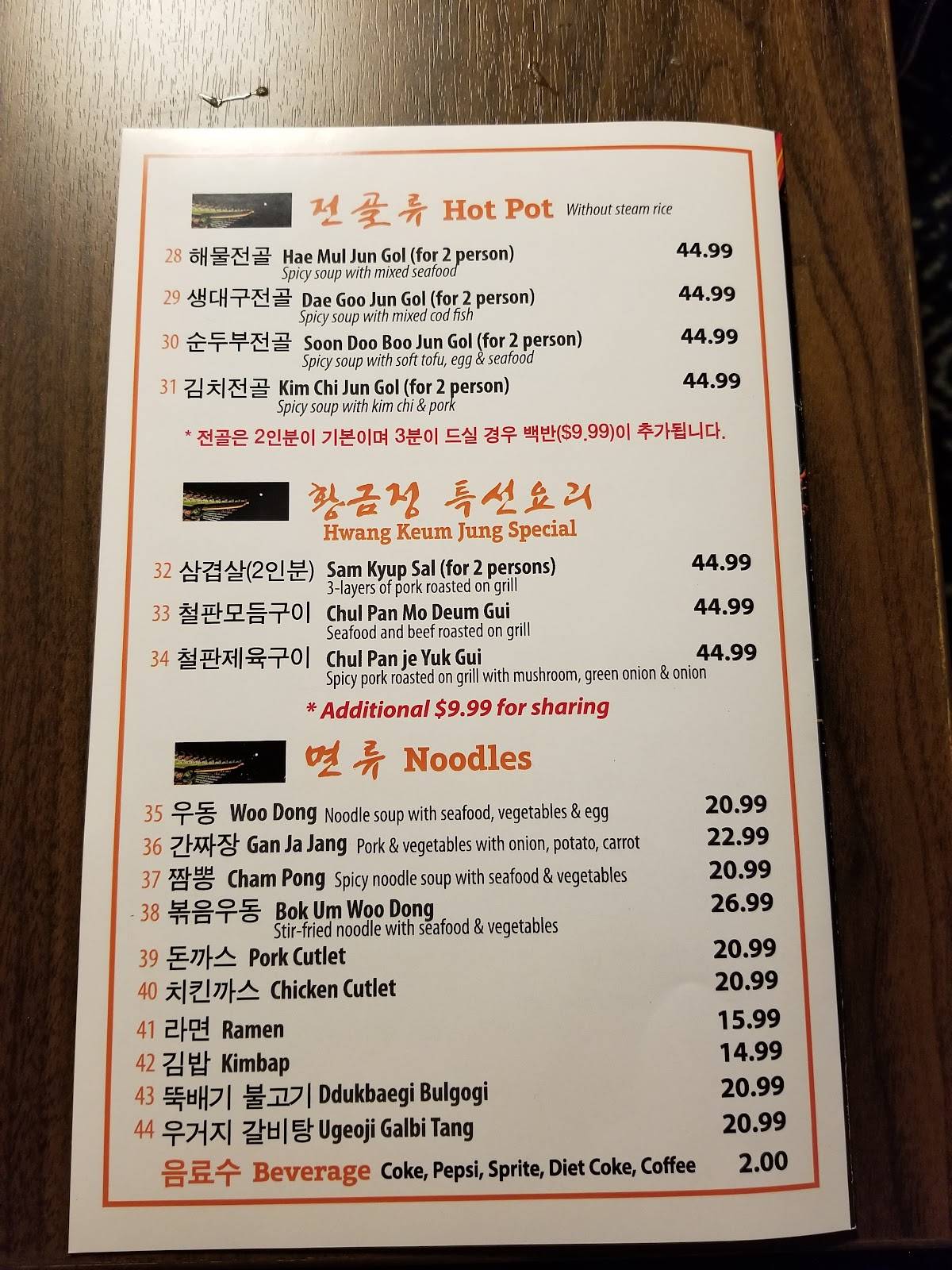 Menu at Hwang Keum Jung Korean Restaurant, Brunswick