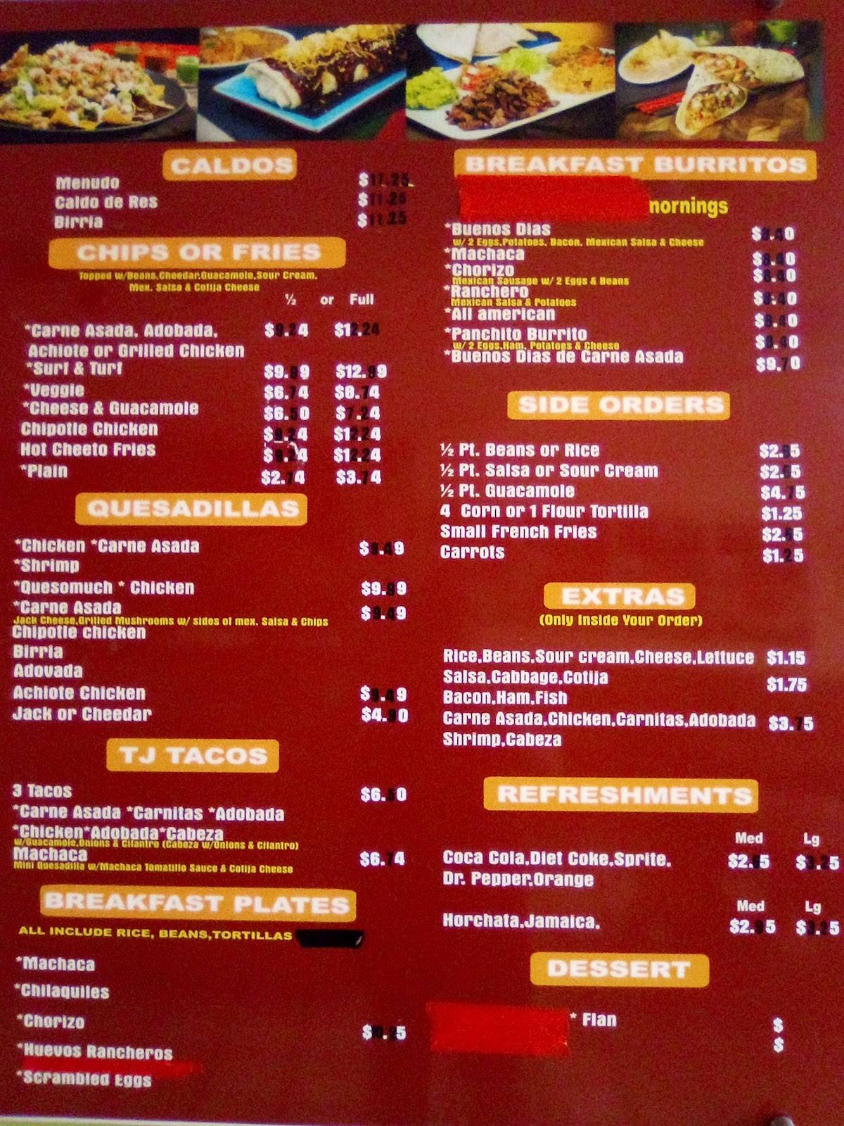 Menu at Burritos Santana restaurant, San Diego, San Diego Mission Rd
