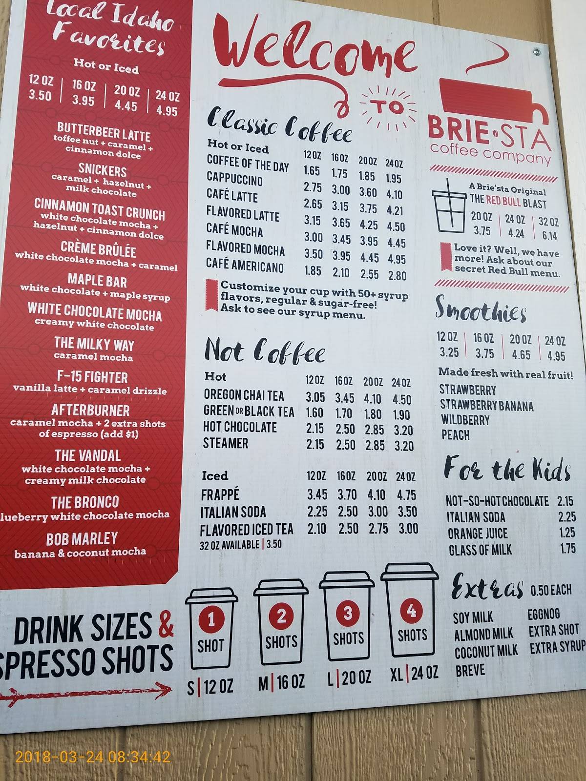 Menu at Brie'sta Coffee Company cafe, Mountain Home, 945 W 6th S