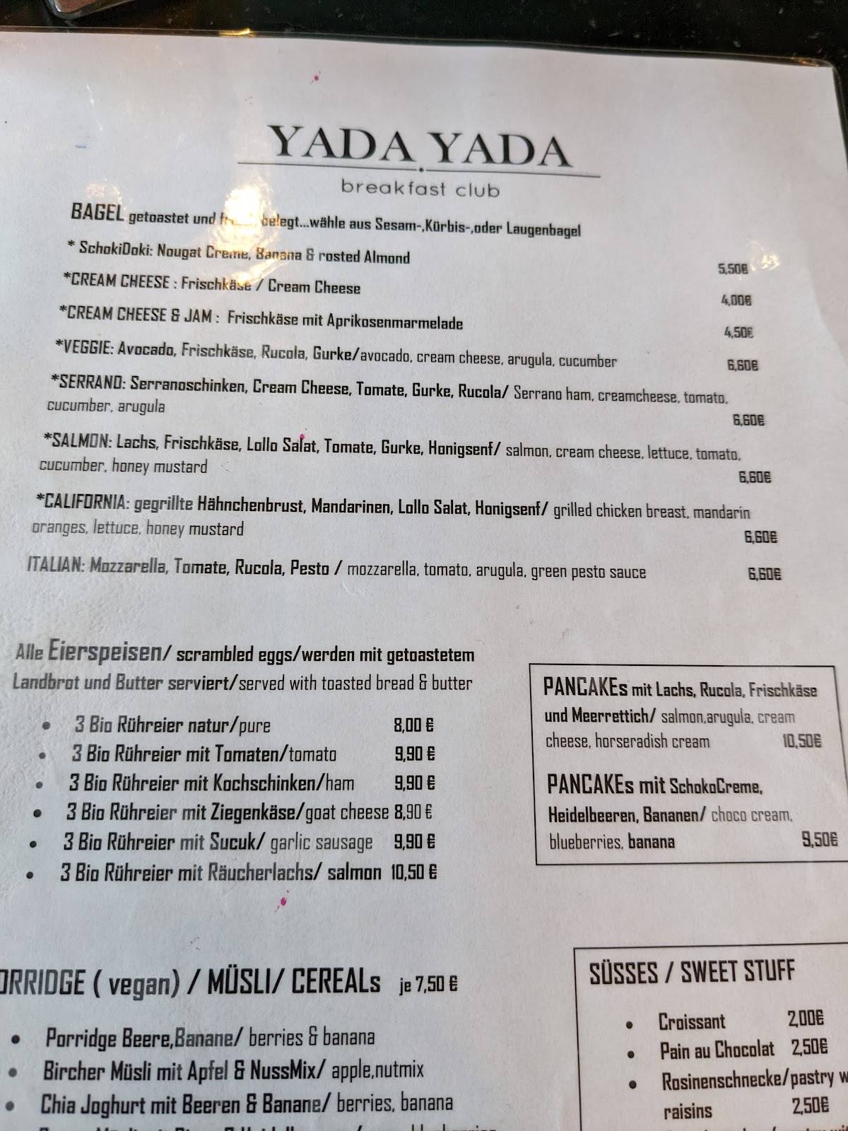 Speisekarte von YADA YADA breakfast club, Berlin
