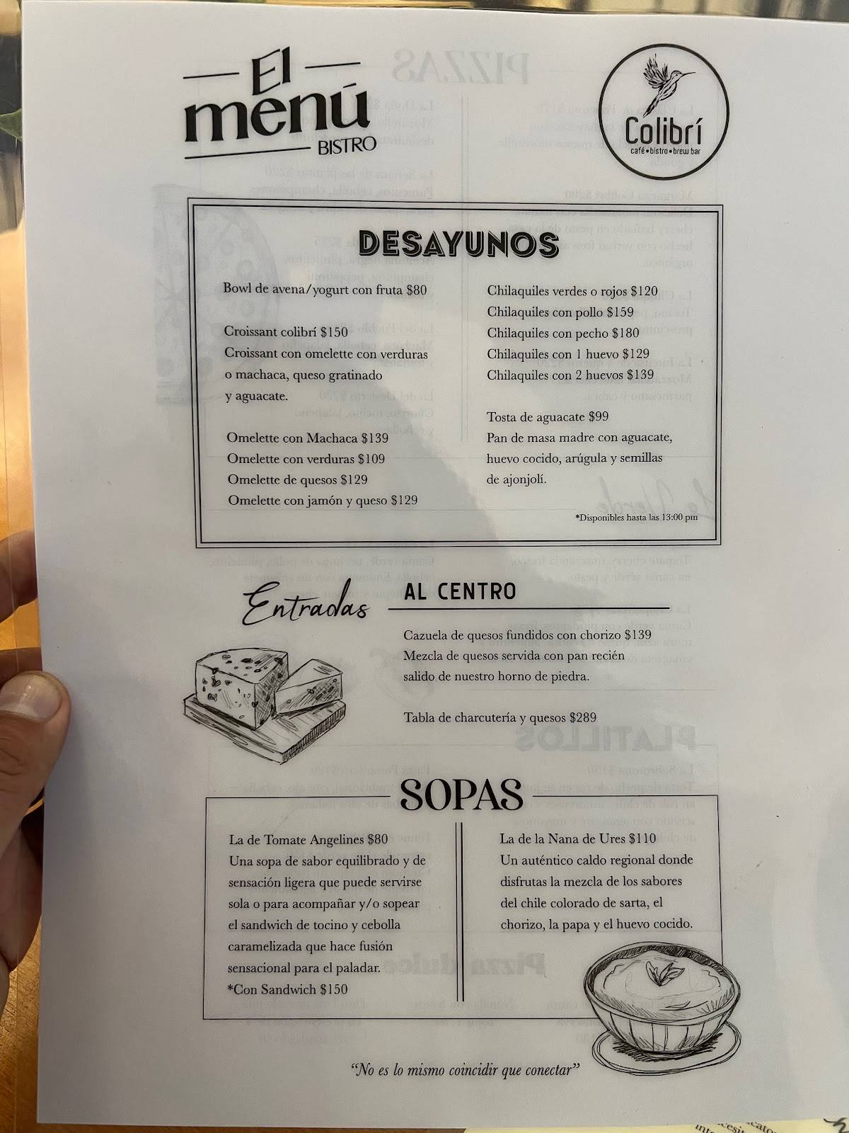 Carta de Colibrí Café Hermosillo