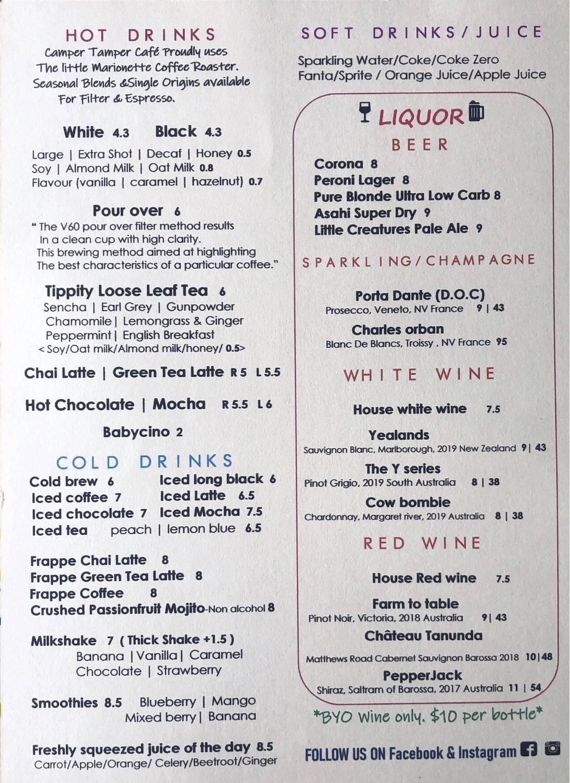 Menu at Camper Tamper Cafe, North Turramurra