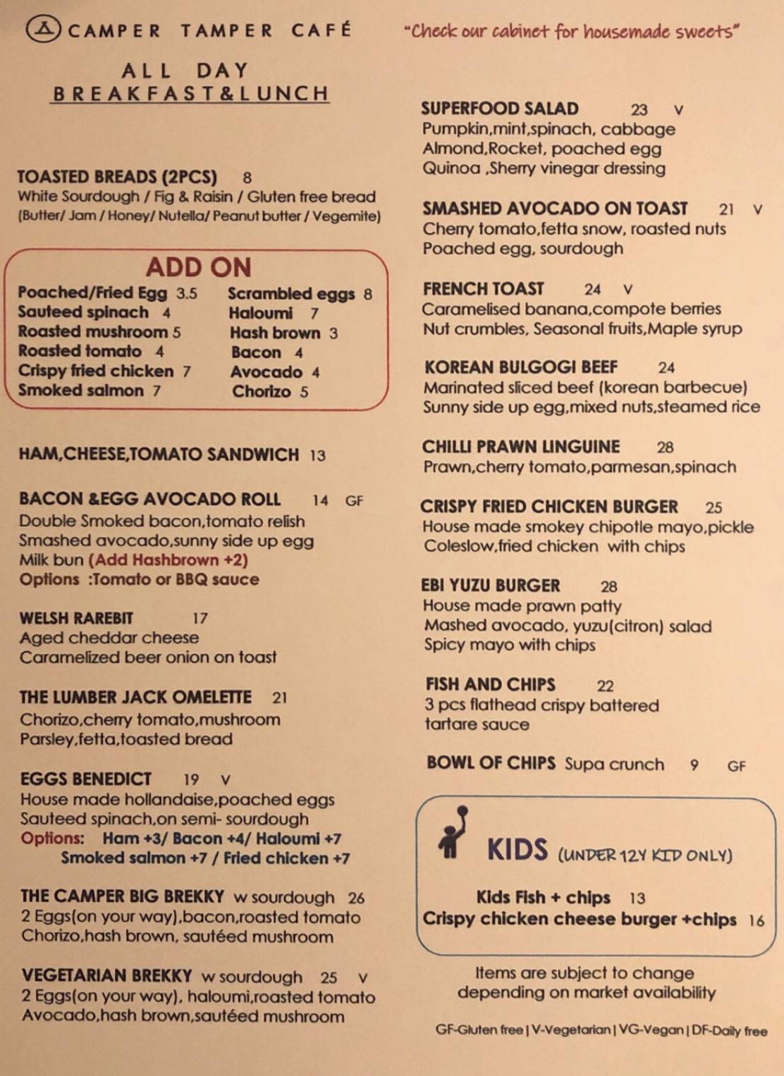 Menu at Camper Tamper Cafe, North Turramurra