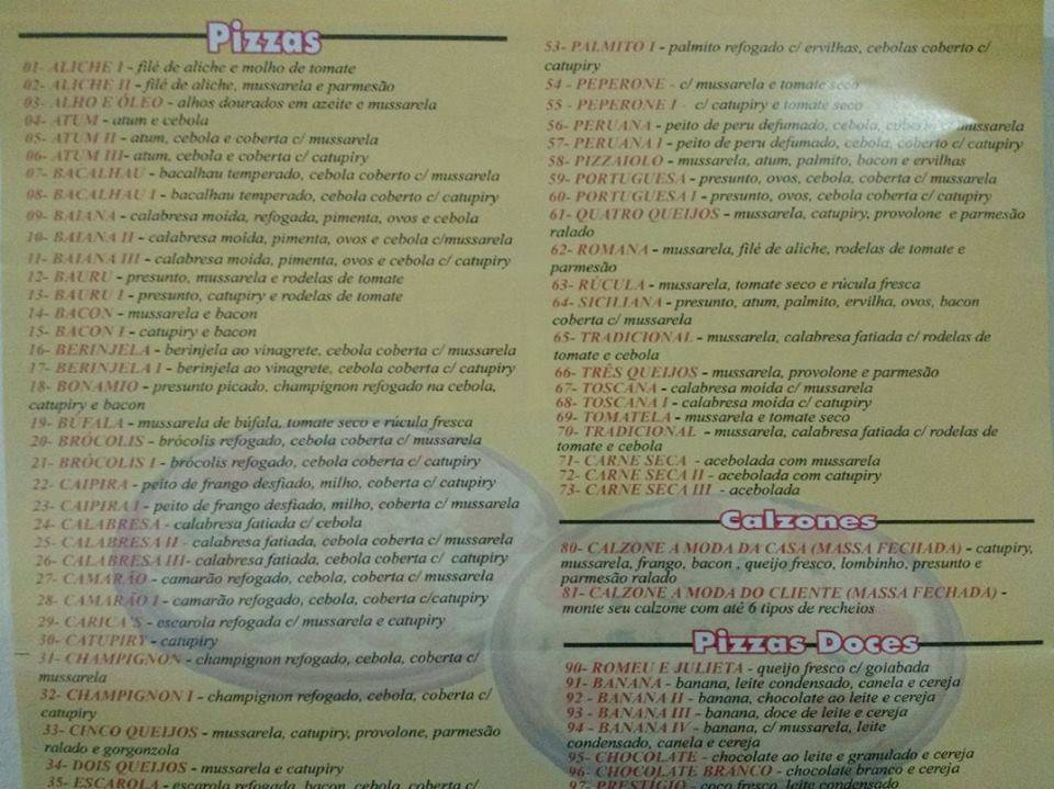 Menu em Caricas Pizzas e Esfihas restaurante, São Paulo, R. Edmundo