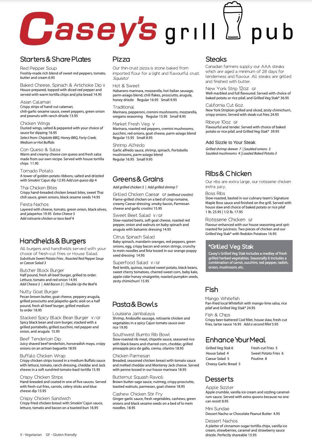 Menu at Casey's Grill.Bar, Sault Ste. Marie