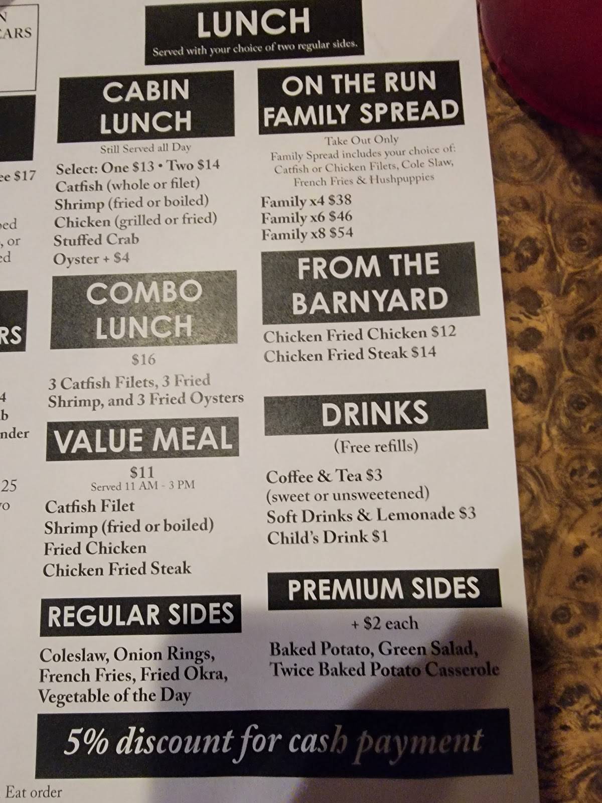 Menu at Catfish Cabin restaurant, Monroe, Louisville Ave