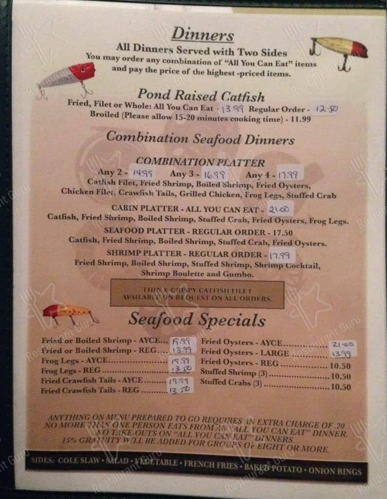 Menu at Catfish Cabin restaurant, Monroe, Louisville Ave